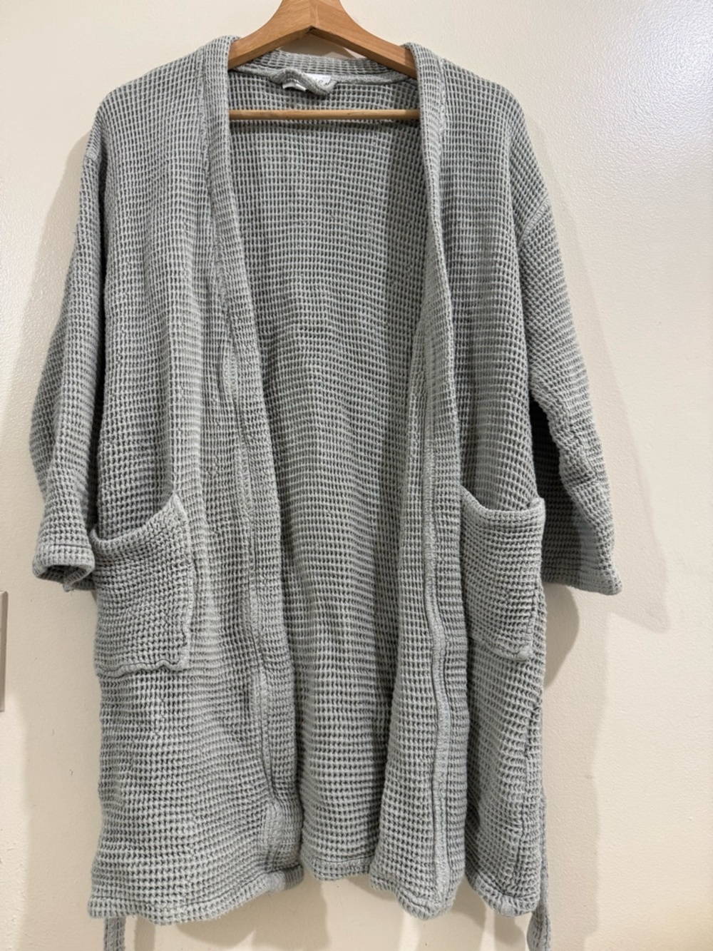 Ettitude Light Gray Waffle Knit Open Cardigan with Pockets